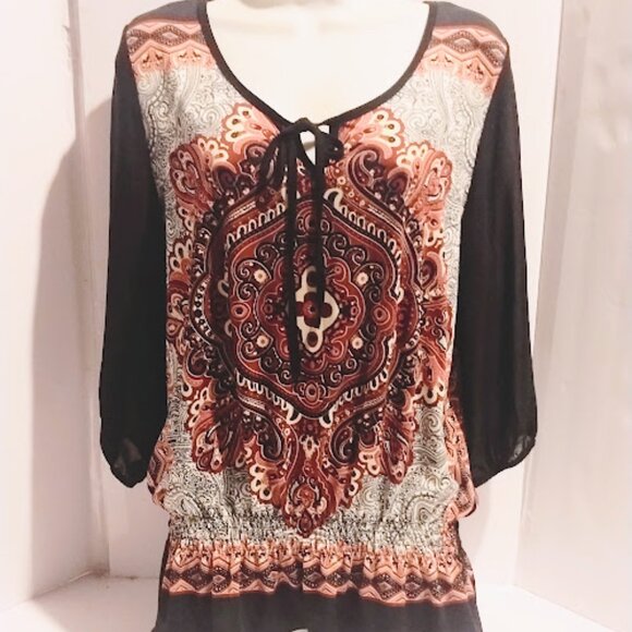 CAROL ROSE SIZE  Xlarge Geometric Print Blouse Top Scoop - Picture 1 of 9